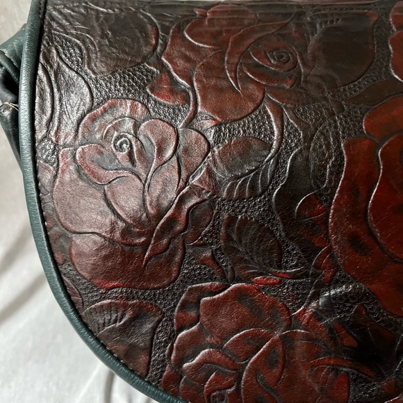 One of a Kind Handmade Rose Printed Leather Handbag Green and Red - Picture 2 of 11